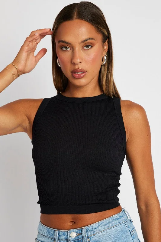 Black Tank Top Crew Neck Seamless