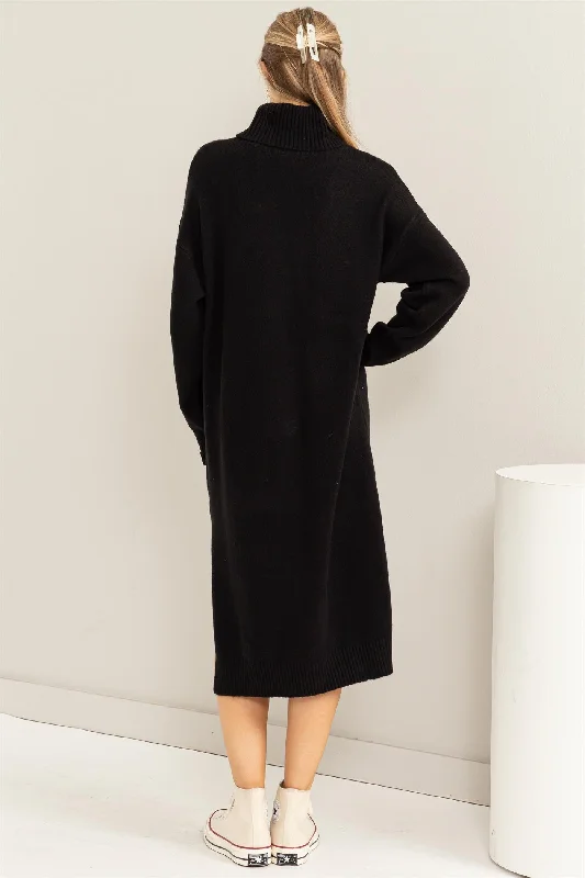 Black Turtleneck Side Slit Sweater Midi Dress