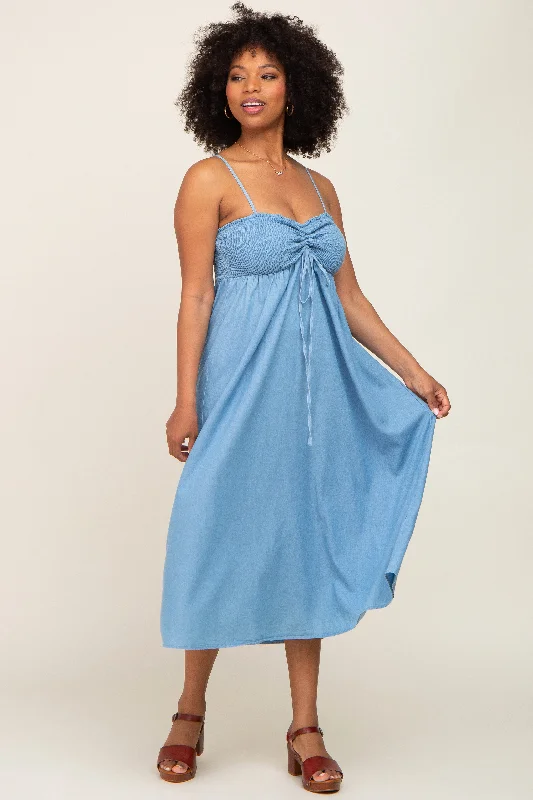 Blue Chambray Cinched Smocked Midi Dress