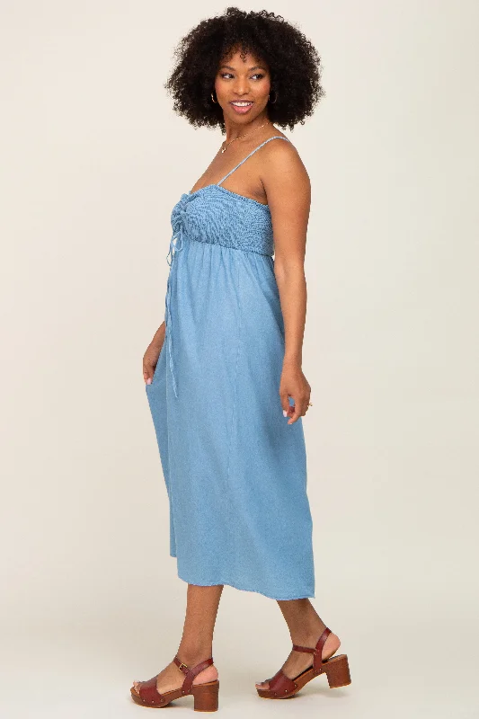 Blue Chambray Cinched Smocked Midi Dress