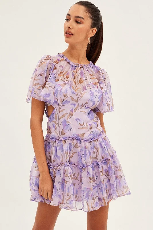 Blue Floral Fit And Flare Dress Short Sleeve Backless