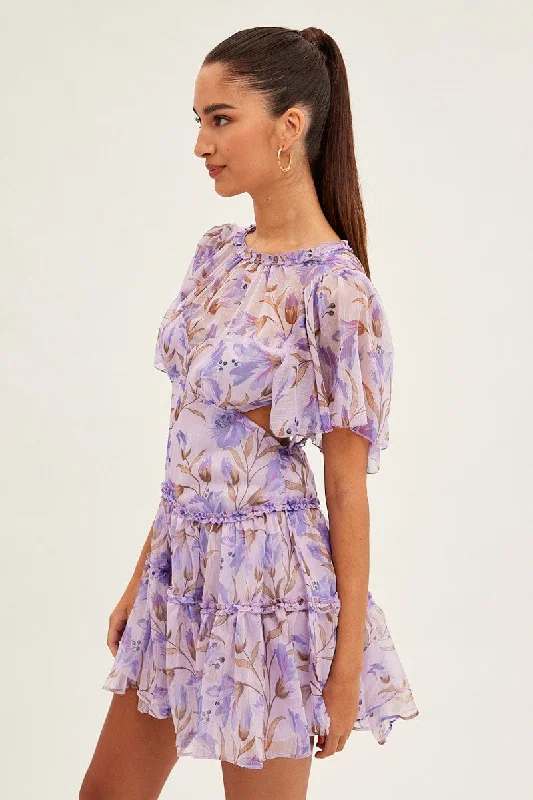 Blue Floral Fit And Flare Dress Short Sleeve Backless