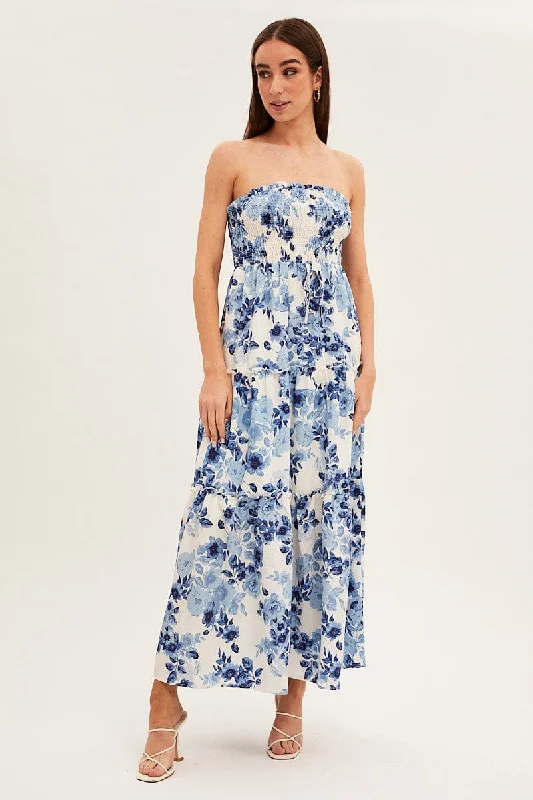 Blue Floral Maxi Dress Shirred Bust Strapless