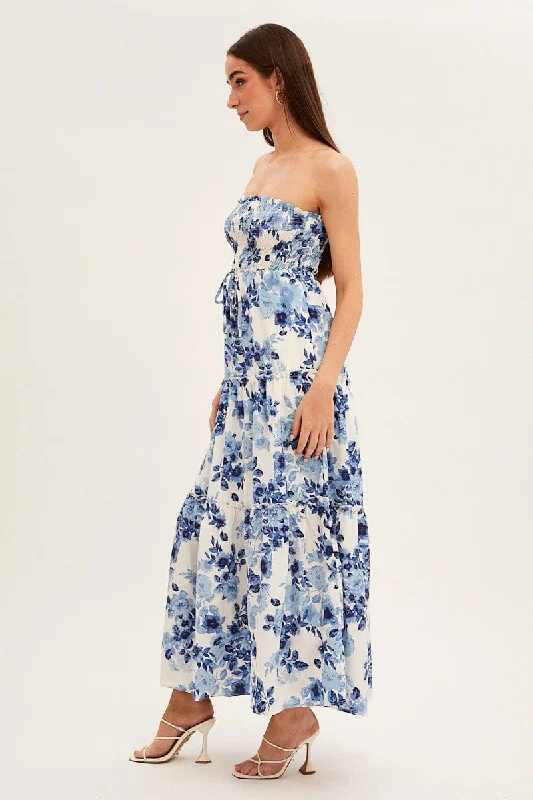 Blue Floral Maxi Dress Shirred Bust Strapless