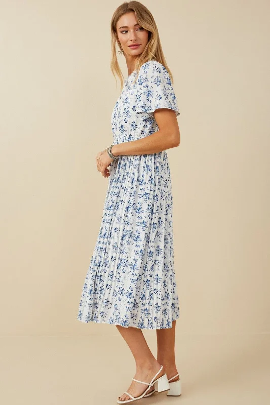 Blue Floral Peated Midi Dress