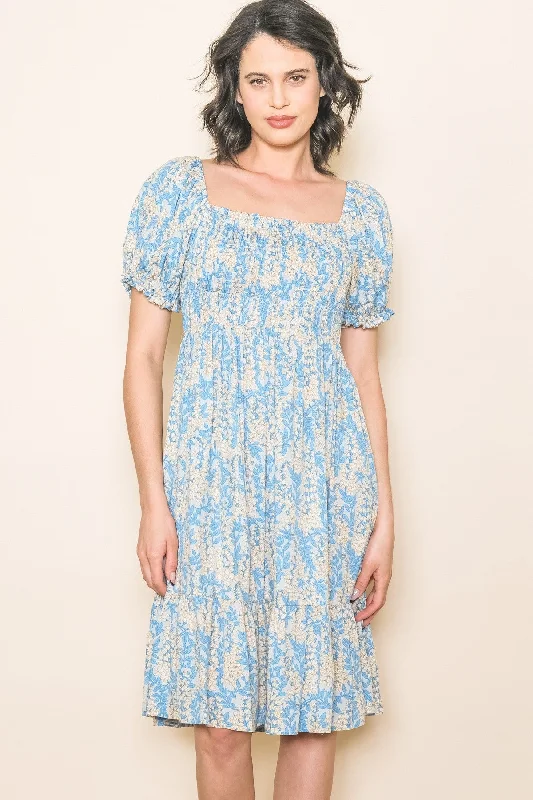 Blue Floral Puff Sleeve Smocked Chest Dress