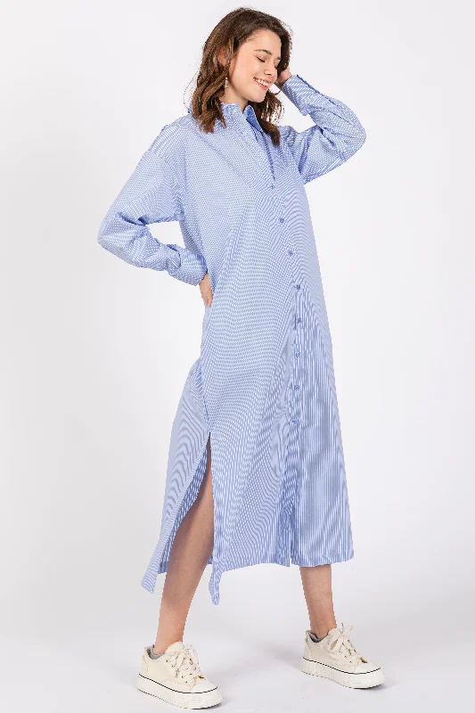 Blue Pinstriped Button Front Side Slit Midi Shirt Dress