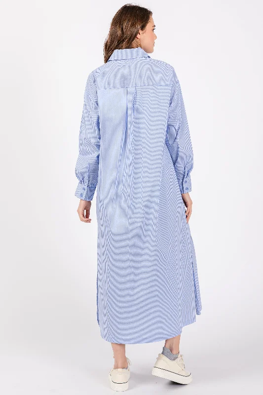 Blue Pinstriped Button Front Side Slit Midi Shirt Dress