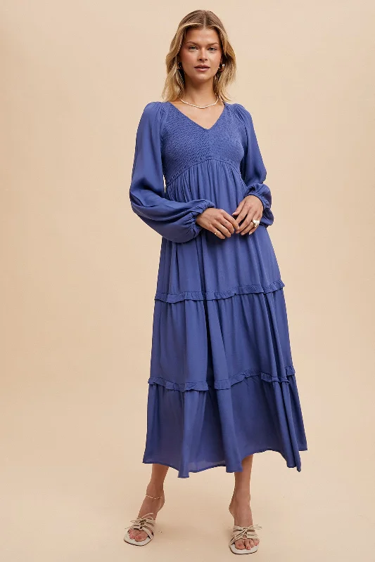 Blue Smocked Tiered Midi Dress