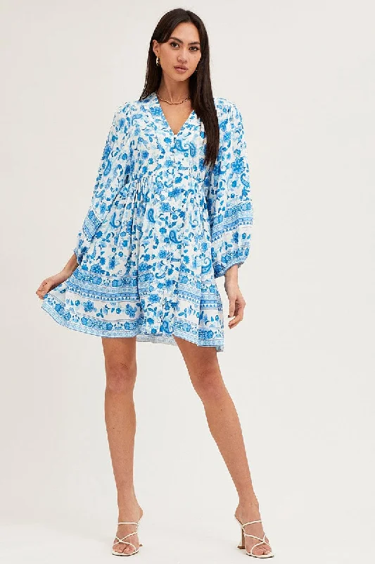 Boho Print Smock Dress Long Sleeve Mini V Neck