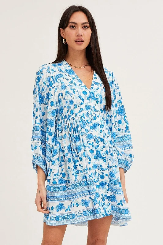 Boho Print Smock Dress Long Sleeve Mini V Neck