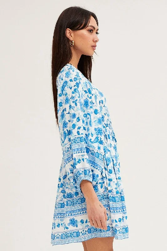 Boho Print Smock Dress Long Sleeve Mini V Neck