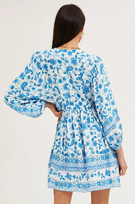 Boho Print Smock Dress Long Sleeve Mini V Neck