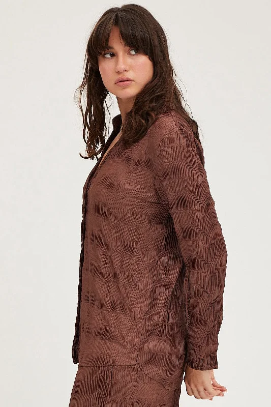 Brown Plisse Shirts Long Sleeve