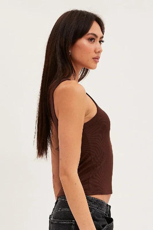 Brown Tank Top Sleeveless Round Neck