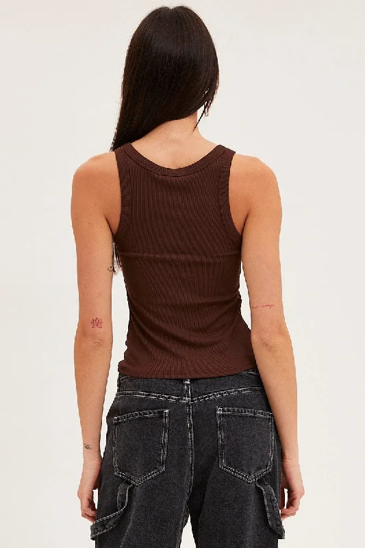 Brown Tank Top Sleeveless Round Neck