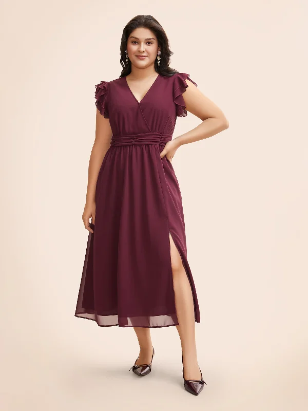 Chiffon Tiered Ruffle Cap Sleeve Split Hem Dress