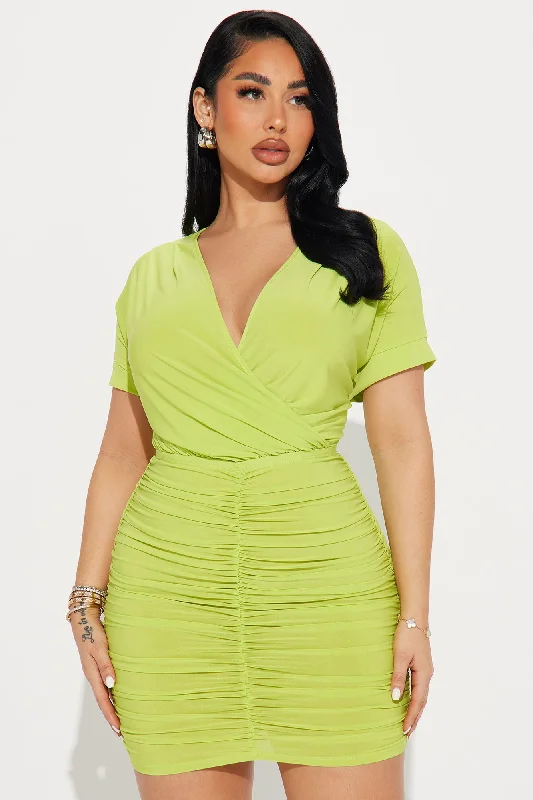 Coco Ruched Mini Dress - Chartreuse