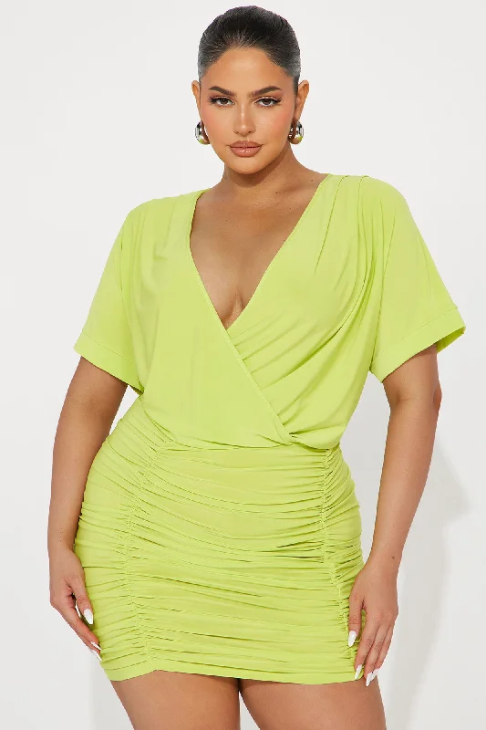 Coco Ruched Mini Dress - Chartreuse