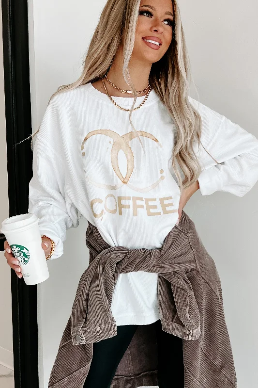 Coffee Addict Corded Graphic Crewneck (White) - Print On Demand