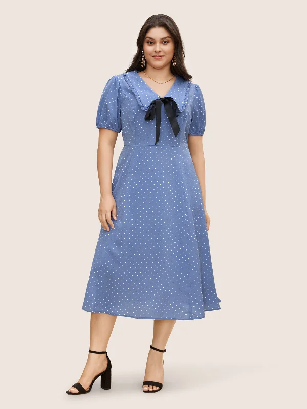 Collared Detachable Bow Midi Dress