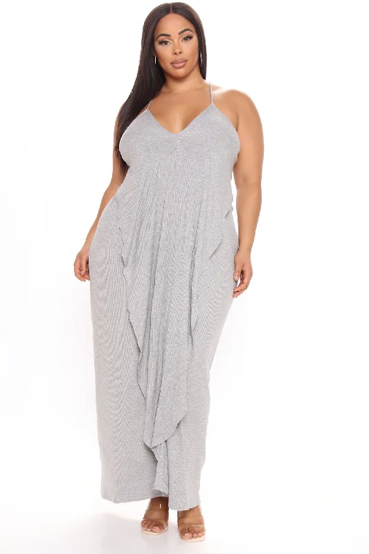 Come This Way Ribbed Maxi Dress - Heather Grey