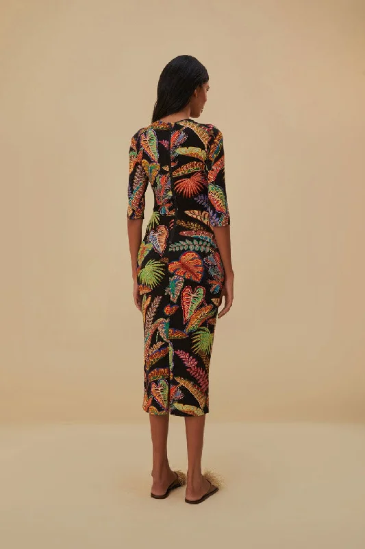 Cool Foliage Black Jersey Midi Dress