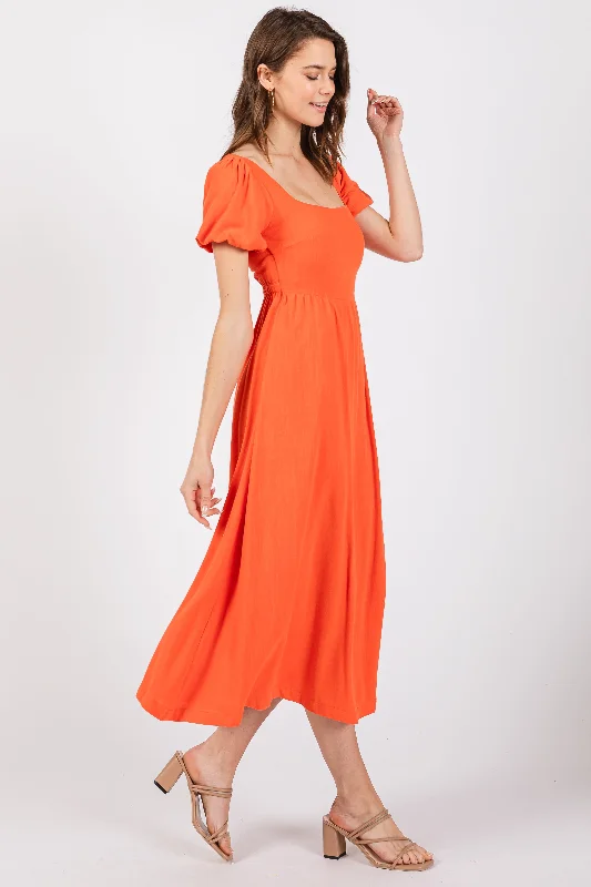 Coral Puff Sleeve Linen Midi Dress