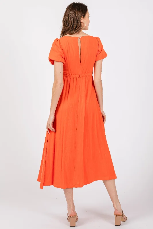 Coral Puff Sleeve Linen Midi Dress