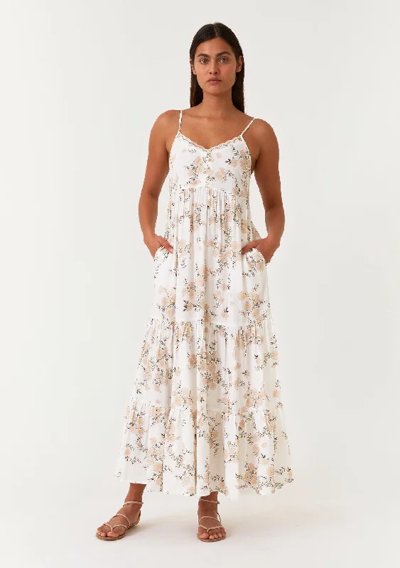 Cream Floral Sleeveless Tiered Maxi Dress