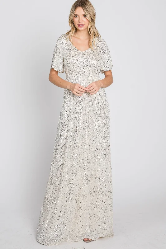 Cream Sequin Short Sleeve Maxi Dress