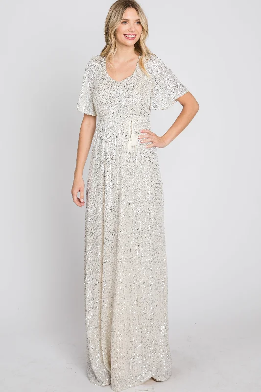 Cream Sequin Short Sleeve Maxi Dress