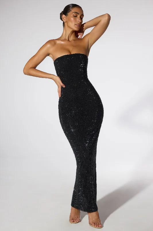 Embellished Strapless Evening Gown in Black