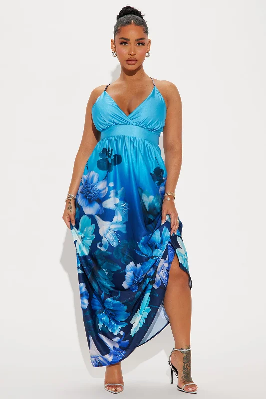 Desiree Satin Floral Maxi Dress - Blue