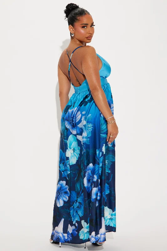 Desiree Satin Floral Maxi Dress - Blue