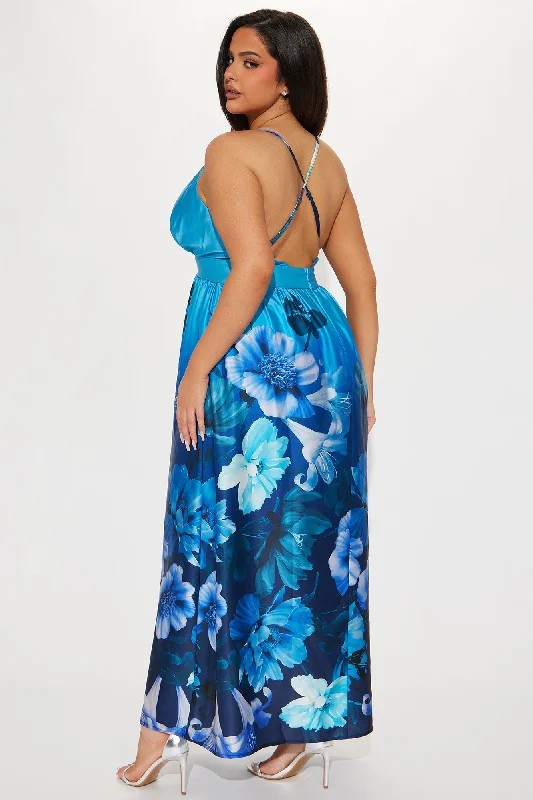 Desiree Satin Floral Maxi Dress - Blue