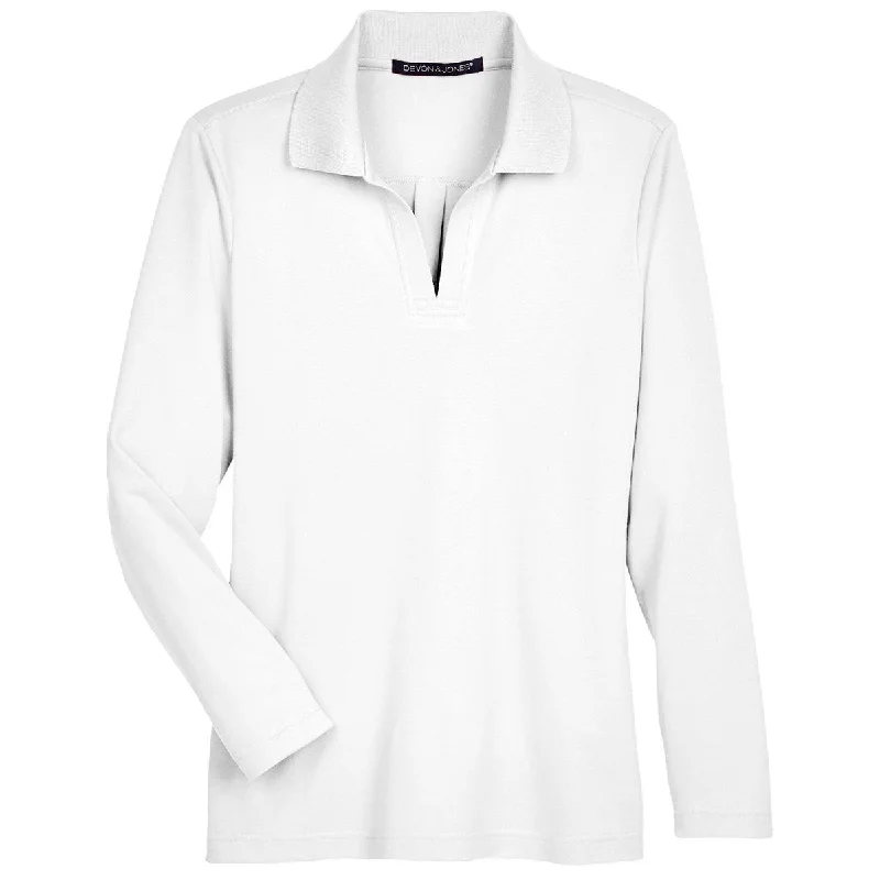 Devon & Jones Women's White CrownLux Performance Plaited Long Sleeve Polo