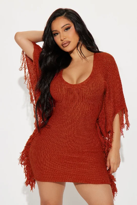 Dia Knit Solid Fringe Mini Dress - Rust