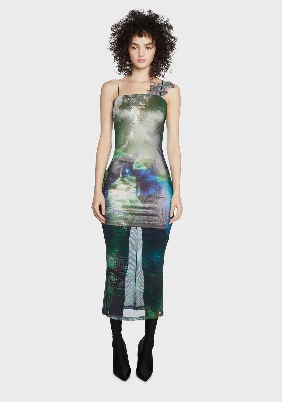 Digital Print Mesh Midaxi Dress