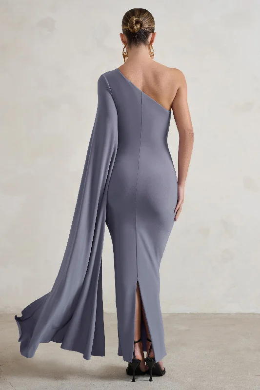 Dominique | Grey One Shoulder Cape Sleeve Bodycon Maxi Dress