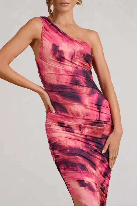 Dorit | Pink Print One Shoulder Asymmetric Ruched Midi Dress