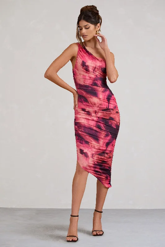 Dorit | Pink Print One Shoulder Asymmetric Ruched Midi Dress