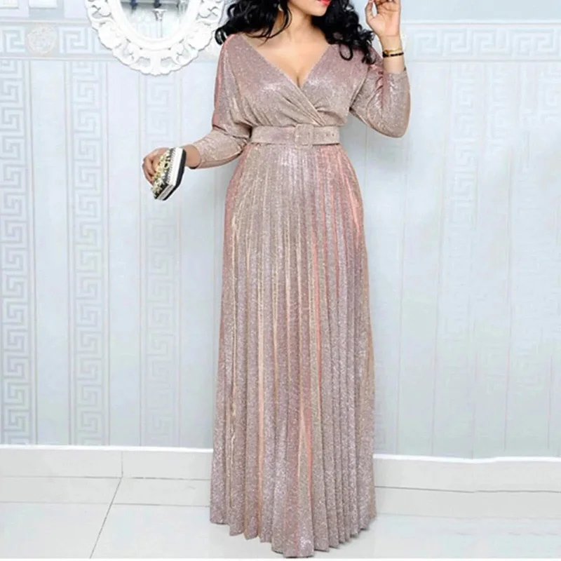 Elegant Glitter Pink V Neck Maxi Dress