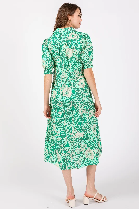 Emerald Green Floral Collared Tiered Midi Dress