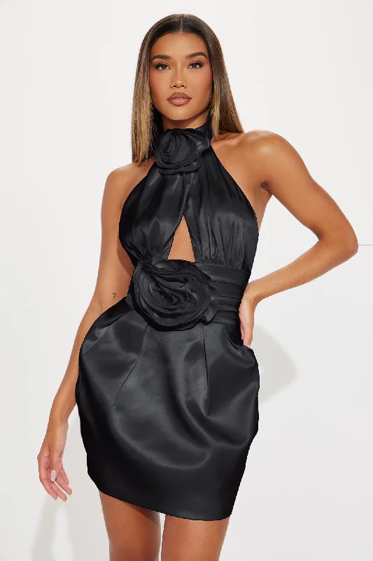 Everything's Rosy Satin Mini Dress - Black