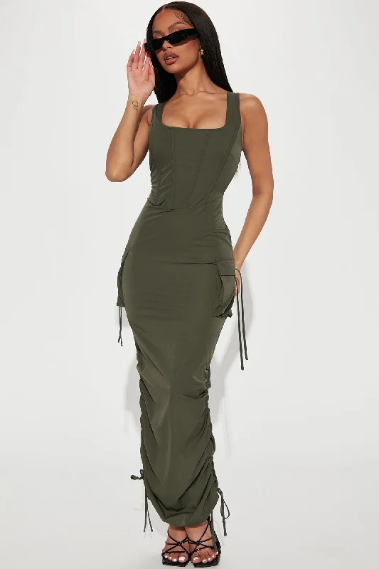 Feeling Savage Cargo Maxi Dress - Olive