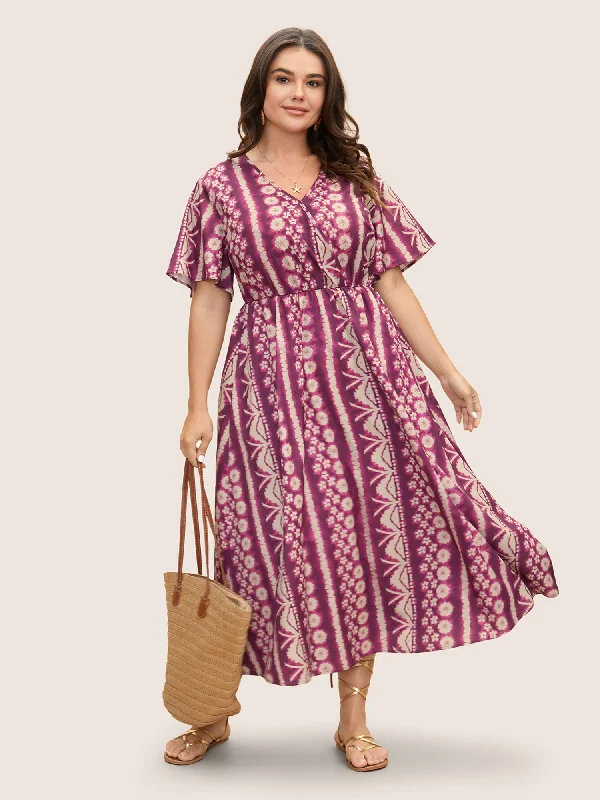 Floral Tie Dye Overlap Collar Ruffle Sleeve Dress