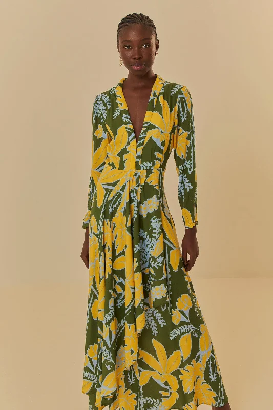 Foliage Sketch Green V Neck Maxi Dress