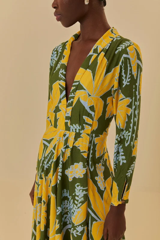 Foliage Sketch Green V Neck Maxi Dress