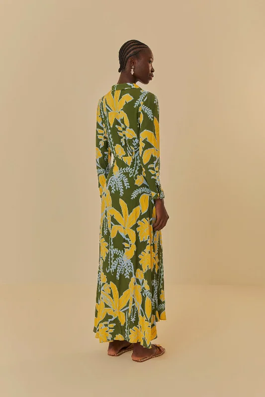 Foliage Sketch Green V Neck Maxi Dress